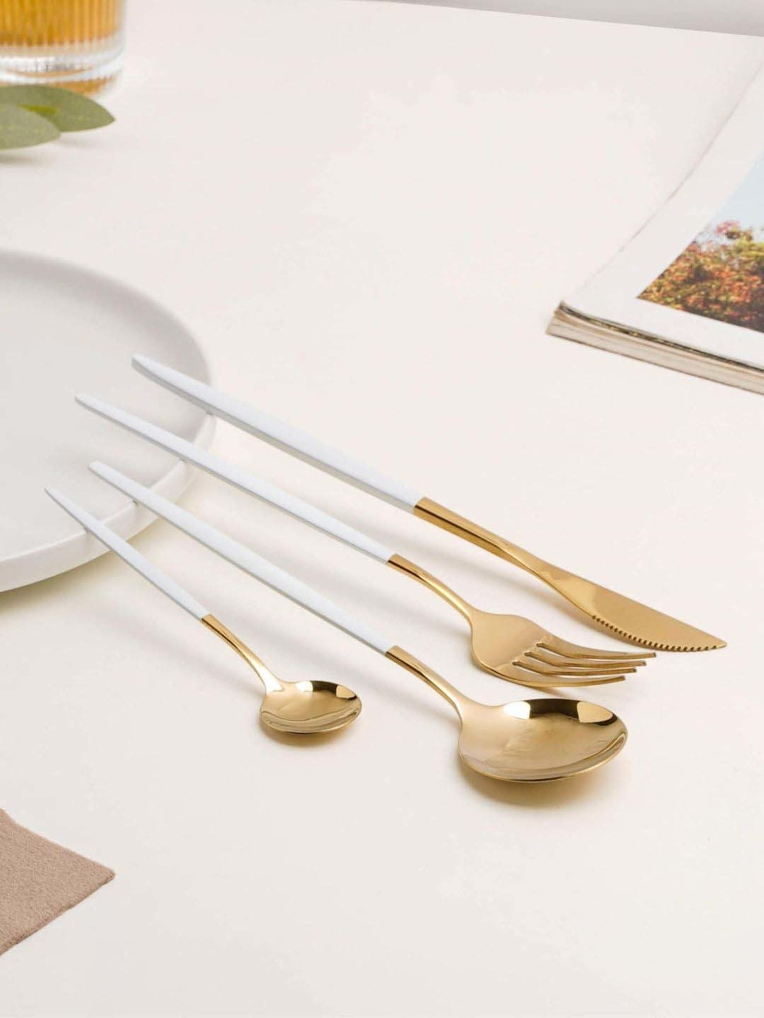 Nestasia White & Golden stainless Steel cutlery set(1 Fork + 1 Knife +1 Table spoon +1 Desert spoon)