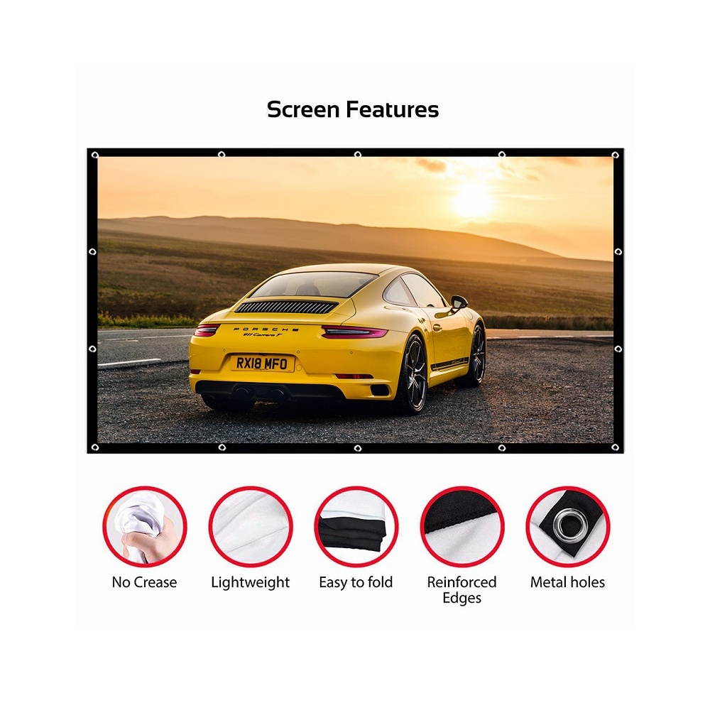 Aibecy Projection Screen 16:9 HD 4K Movie Screen Curtain Foldable Portable Anti-Crease Projector Screen with Stick Hooks for Indoor Outdoor Home Theater Office Presentation Support Front & Rear