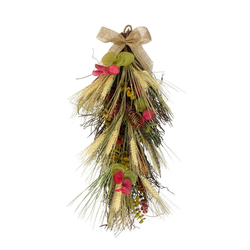 Northlight 24" Autumn Harvest Wheat and Eucalyptus with Feathers Teardrop Swag - Unlit