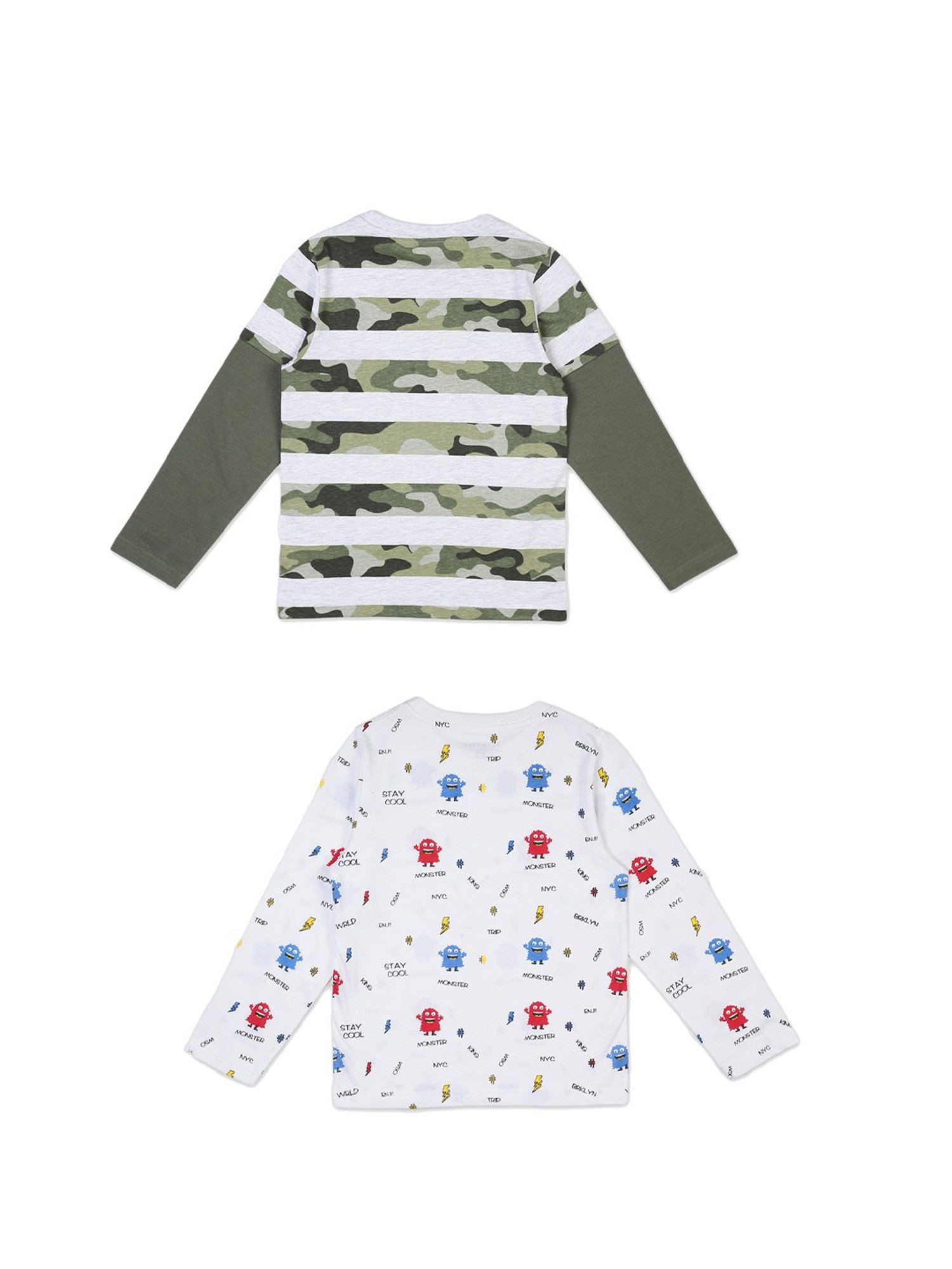 Plum Tree Boys Off White & Green Printed T-Shirts