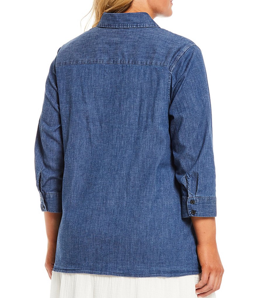 Kasper Plus Size Hi-Low Stretch Denim Top Stitch 3/4 Sleeve Tunic