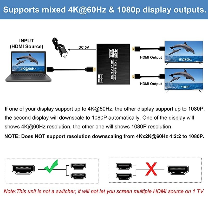 4K@60Hz HDMI Splitter 1 in 2 Out,  Aluminum HDMI Splitter for Dual Monitors Duplicate/Mirror with Same Image, 1x2 HDMI2.0b Splitter HDCP2.2 for Xbox, PS5, Roku (1 Source onto 2 Displays)