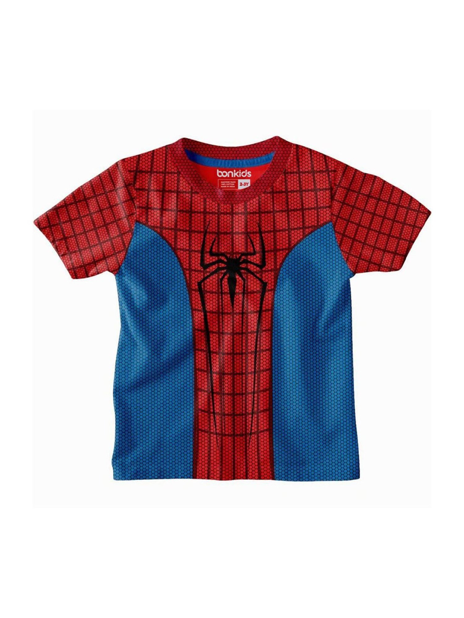 Bonkids Kids Red & Blue Cotton Printed Spiderman T-Shirt