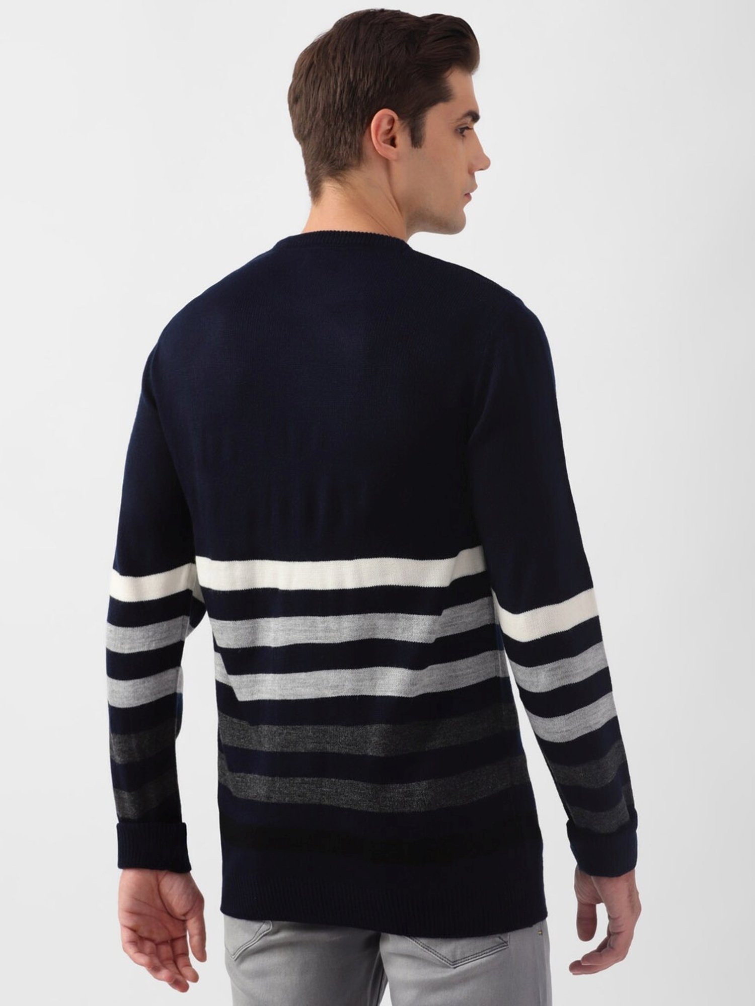 Peter England Navy Regular Fit Striped Sweater