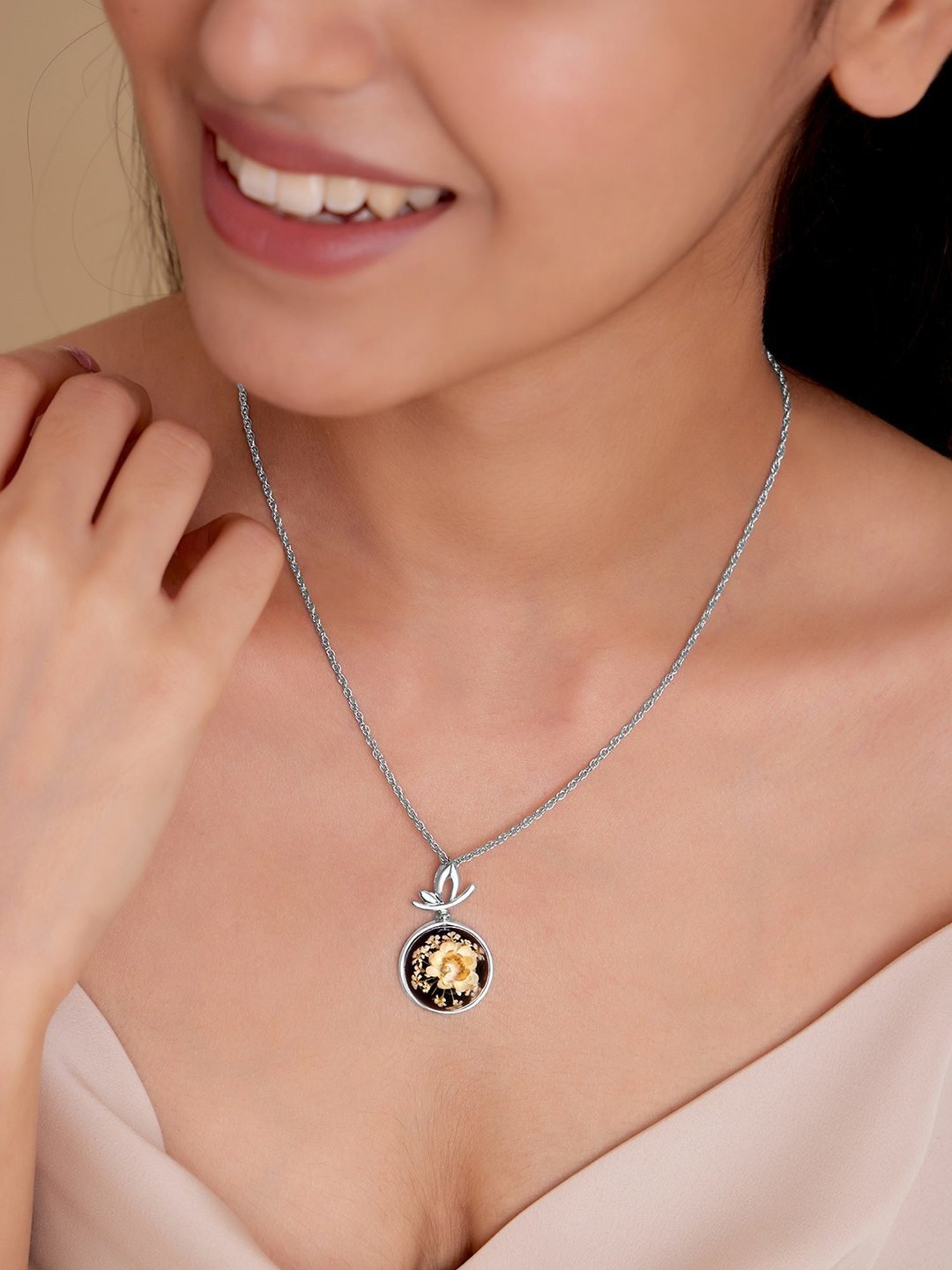 March by FableStreet 92.5 Sterling Silver Black & White Dry Flower Butterfly Necklace