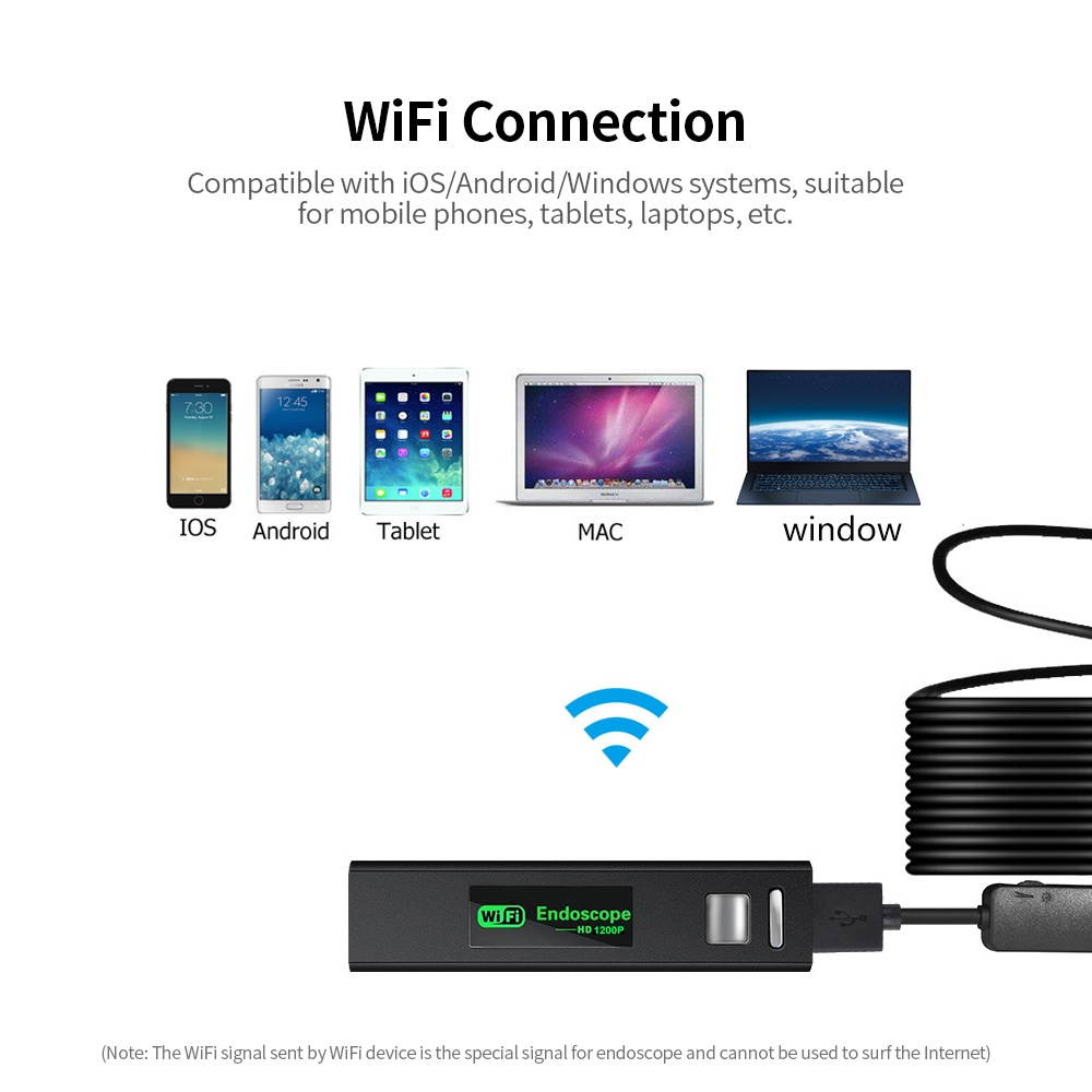 WiFi Endoscope 1200P Digital Handheld USB Endoscope Borescope Camera 8LEDs Adjustable IP68 Waterproof Hard Wire 5m