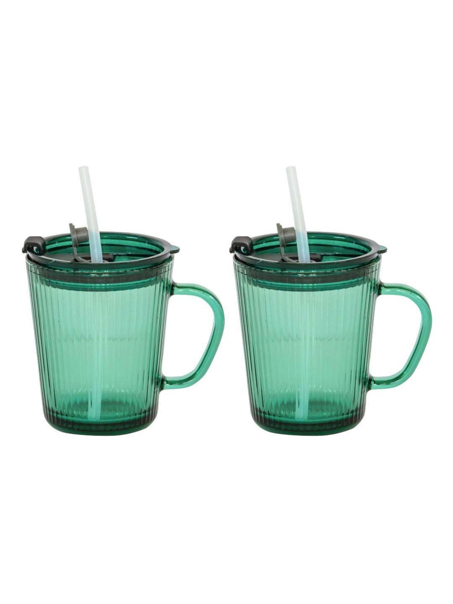 Goodhomes Green Glass Mug Sipper With Lid & Straw (0.37 L) - Set of 2