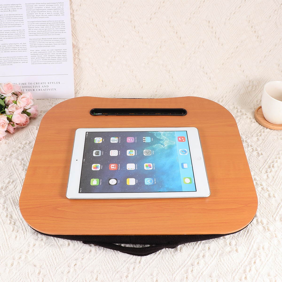 Multifunctional Tablet PC Holder Particle Interior Laptop Storage Rack Tablet Table Stand with Slot (Brown Grain)