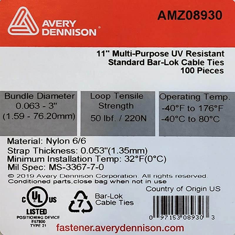 Cable Ties by Avery Dennison USA Made Nylon Zip Ties Weather UV amp Impact Resistant Black Plastic Ties for Binding Bundling amp Organizing Cable amp Wire For Indoors amp Outdoors 11quot x 100