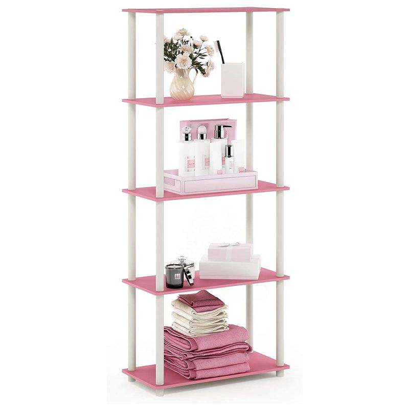 Furinno Turn-N-Tube 5 Tier Wooden Multipurpose Display Rack Shelf Closet Organizer for Home Living Rooms and Bedrooms, Pink/White