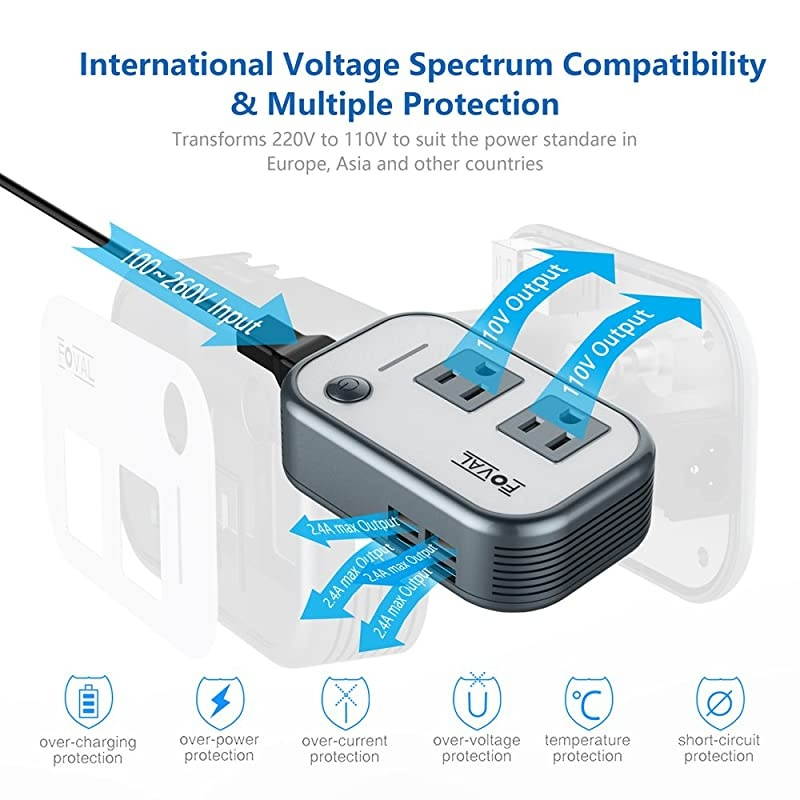 Power Step Down 220V to 110V Voltage Converter with 4Port USB International Travel Adapter for China UK European Etc Use for US appliances Overseas