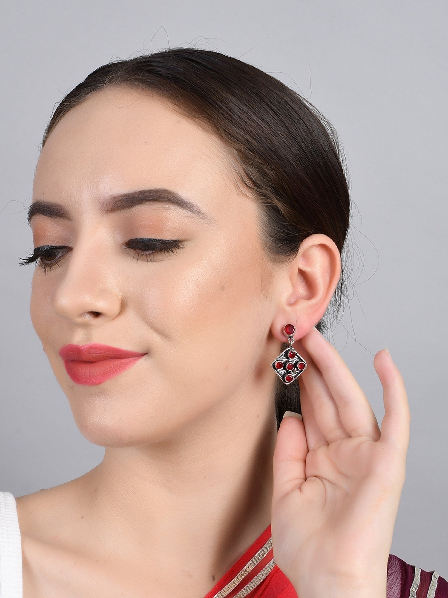 Imli Street Maroon Silver Tone Stone-Studded Handcrafted Dangler Earrings