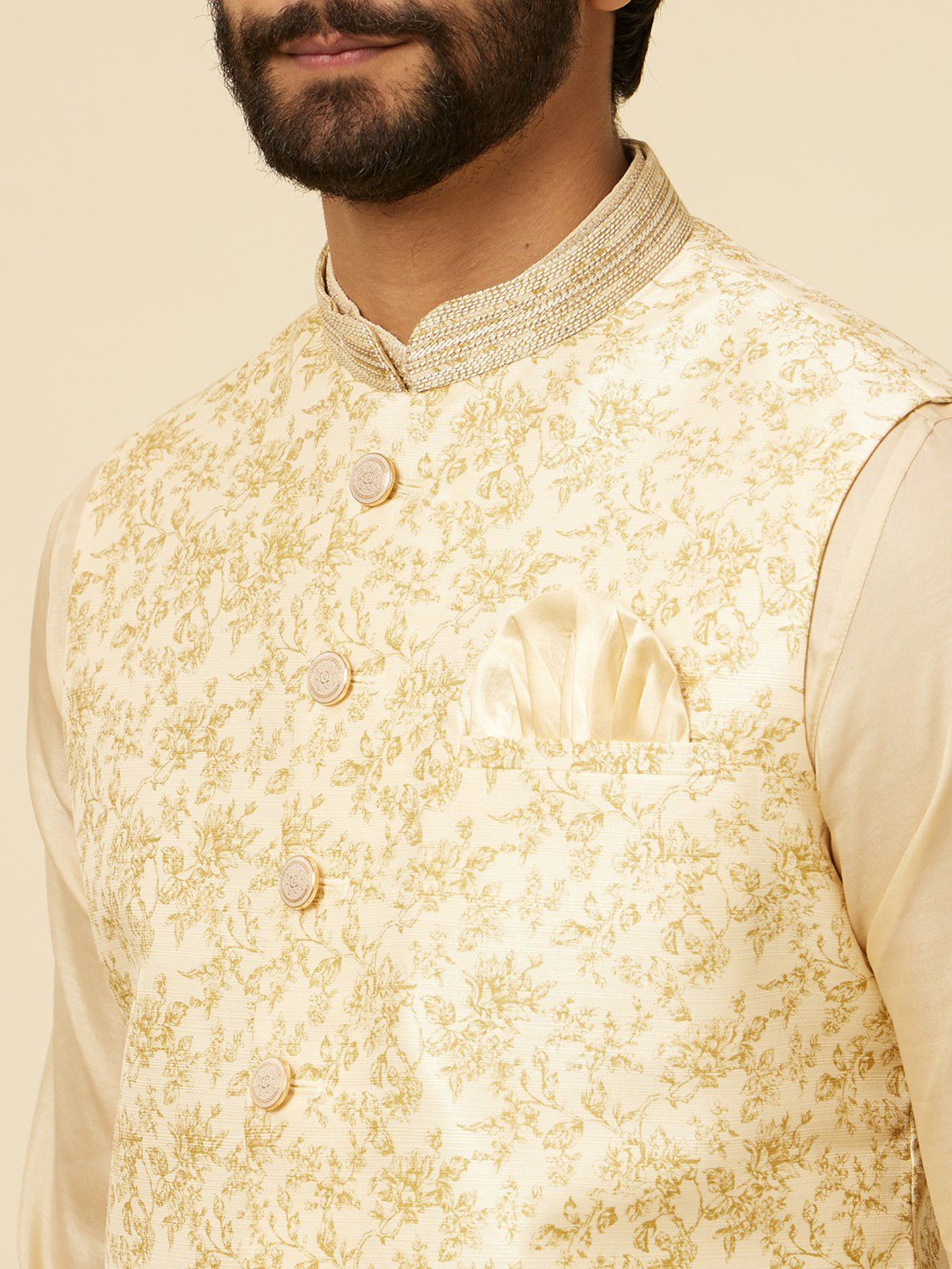 Manyavar Light Beige Regular Fit Printed Nehru Jacket