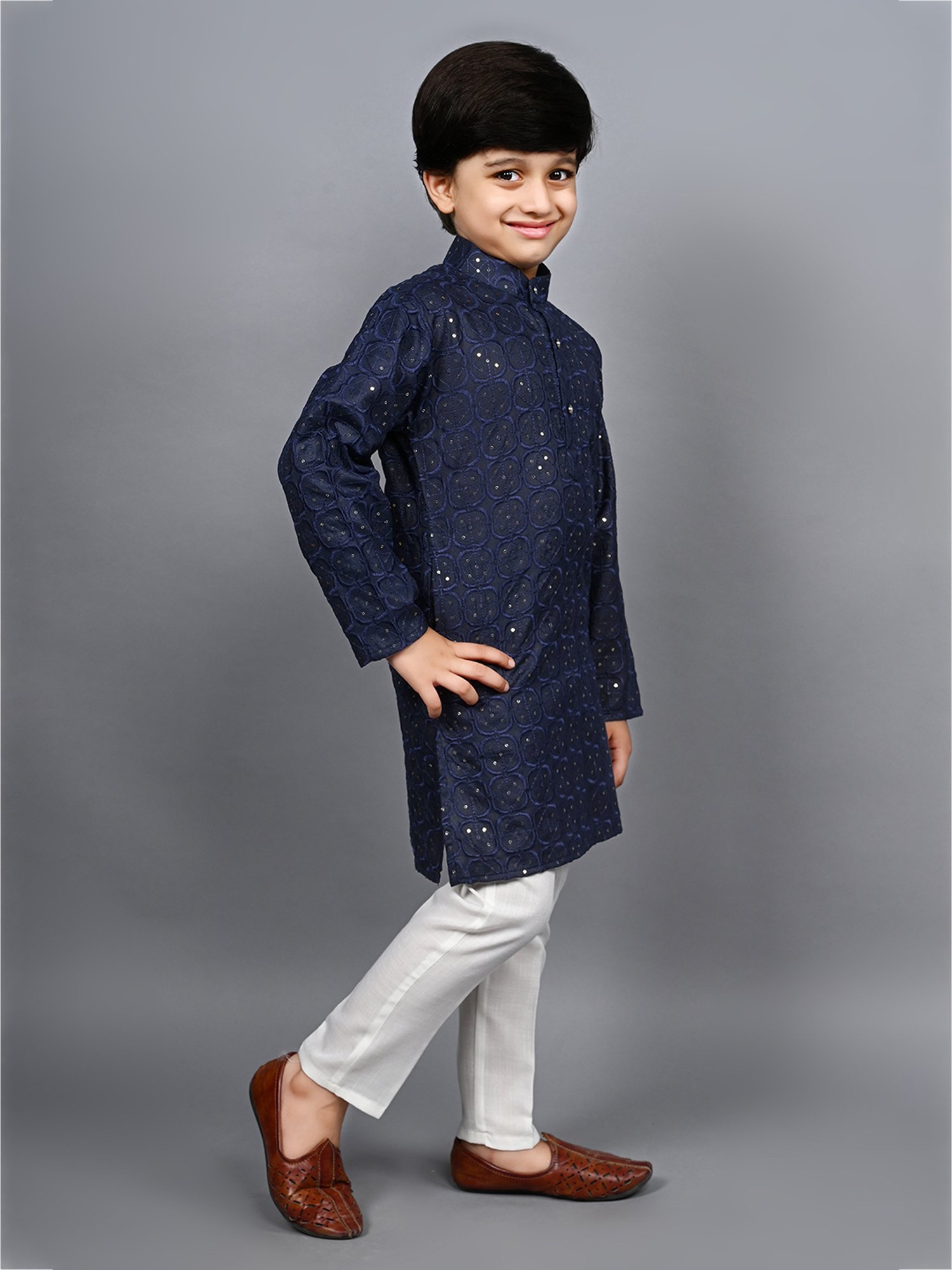 Ahhaaaa Kids Navy & White Embellished Full Sleeves Kurta With Pyjamas