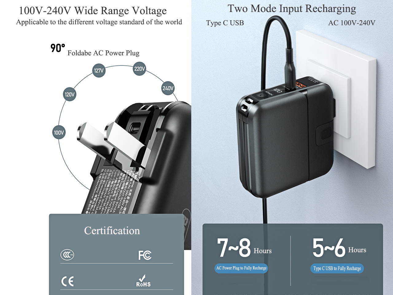 Power Bank Charger 15000 mAh 2 in 1 Portable Charger with Dual USB Ports,Foldable US Plug ,Type C Quick Charger Compatible with Macbook Air ,iPhone 12, iPhone 11, iPhone Xs Max, iPad Air/Pro and more