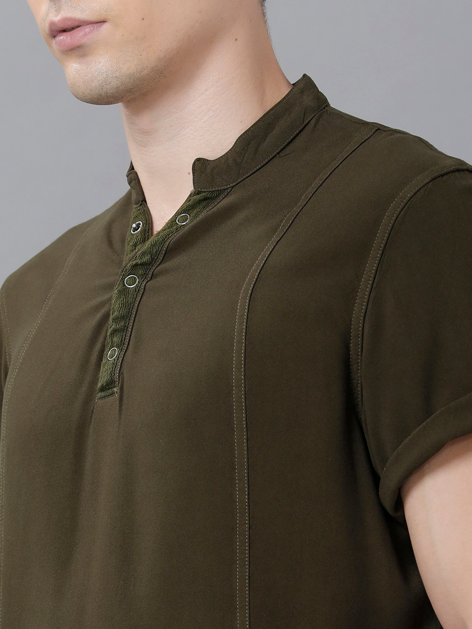 Identiti Olive Mandarin Collar Short Kurta