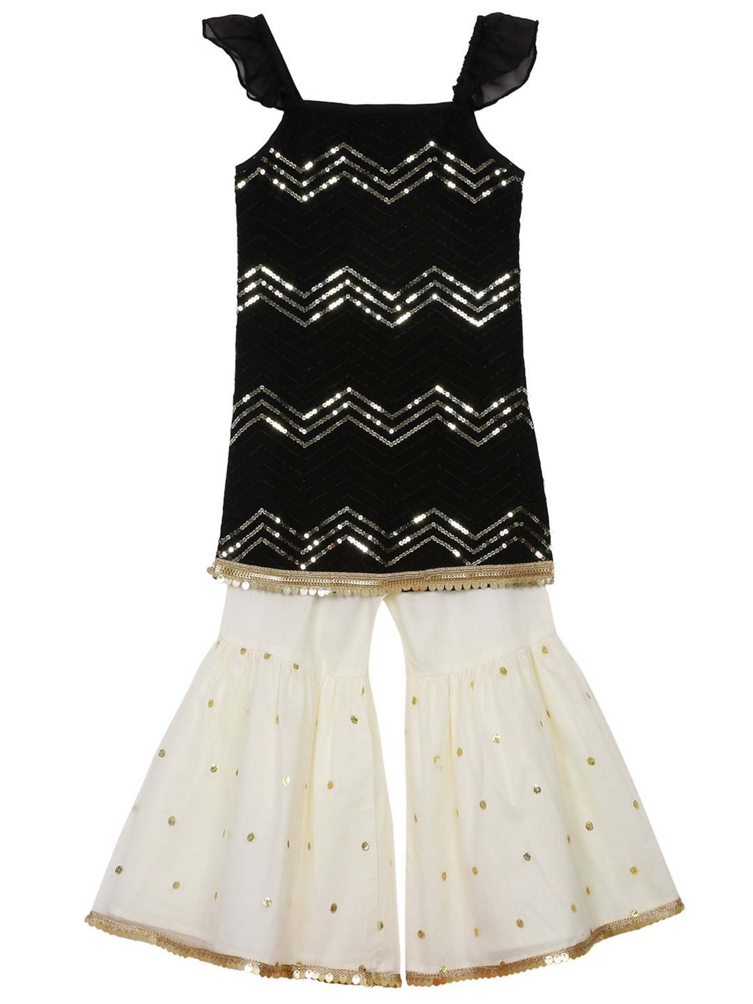Saka Designs Kids Black & Cream Embellished Kurta with Sharara & Dupatta
