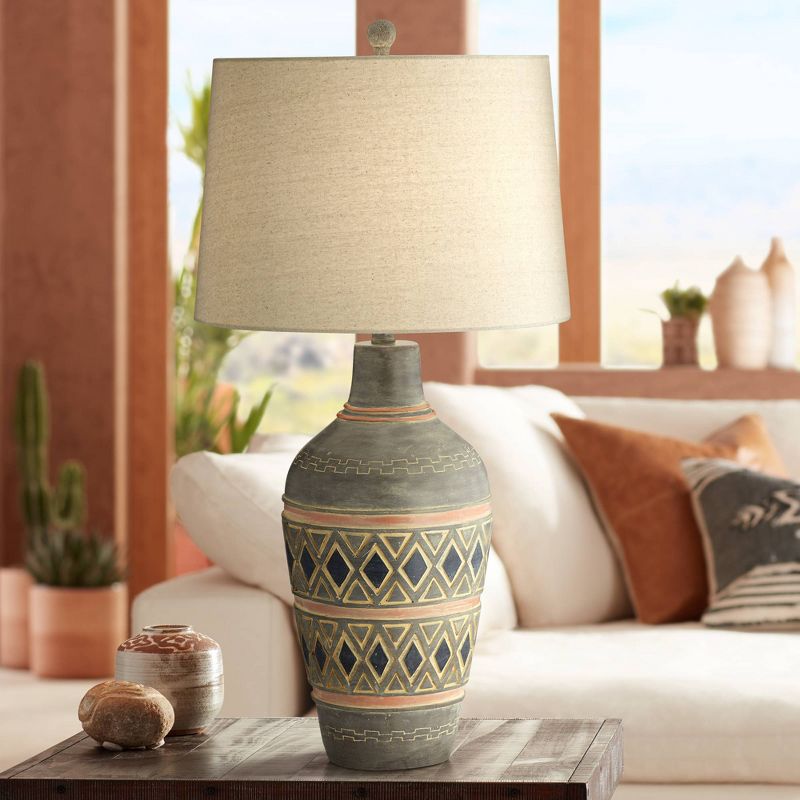 John Timberland Rustic Table Lamp Southwest Style Pattern Oatmeal Fabric Drum Shade for Living Room Bedroom Bedside Office Family