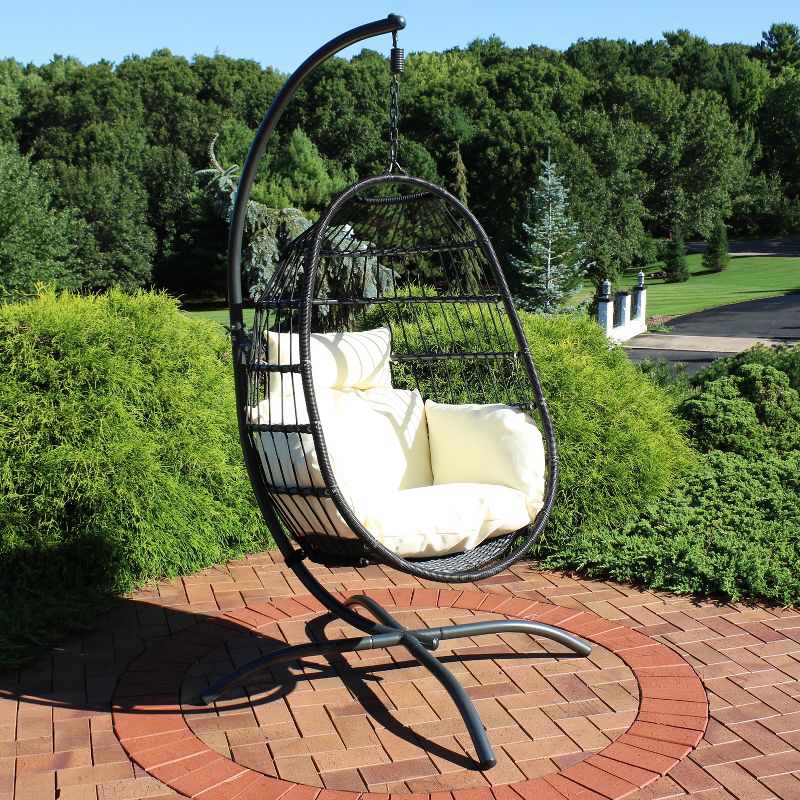 Sunnydaze Outdoor Resin Wicker Patio Penelope Hanging Basket Egg Chair Swing with Cushions, Headrest, and Steel Stand Set - Gray - 3pc