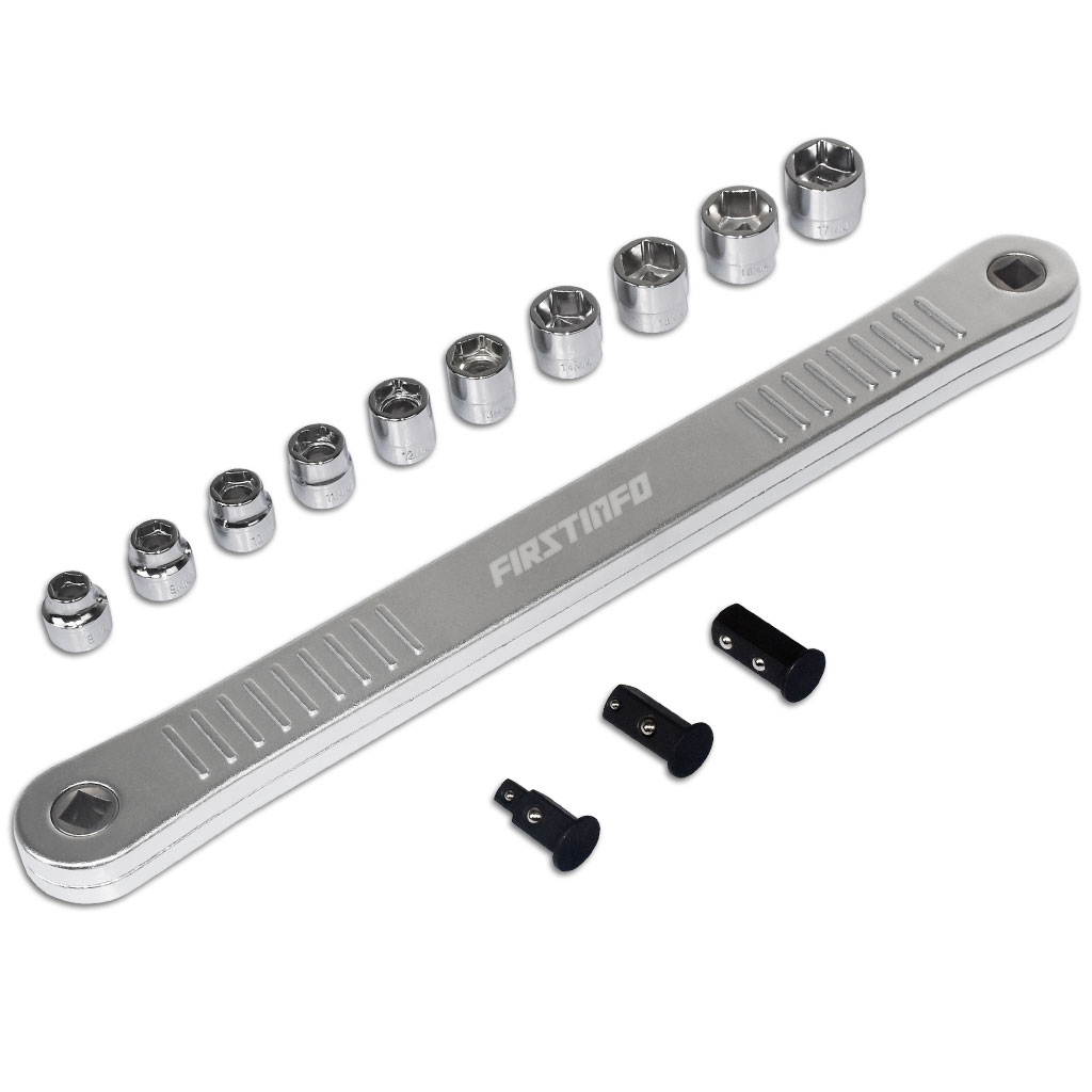 FIRSTINFO Impact Ready Offset Extension Wrench and Low Profile Socket Set, Includes 1/4 Inch and 3/8 Inch Square Drive Adapters and 8mm to 17mm Sockets with 0 Degree Swing Arc for Confined Fasteners