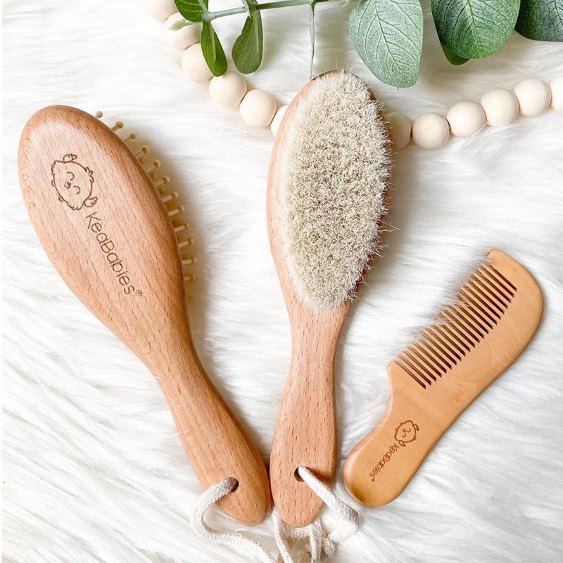 KeaBabies Baby Hair Brush and Comb 3-Piece Set for Newborn, Beige