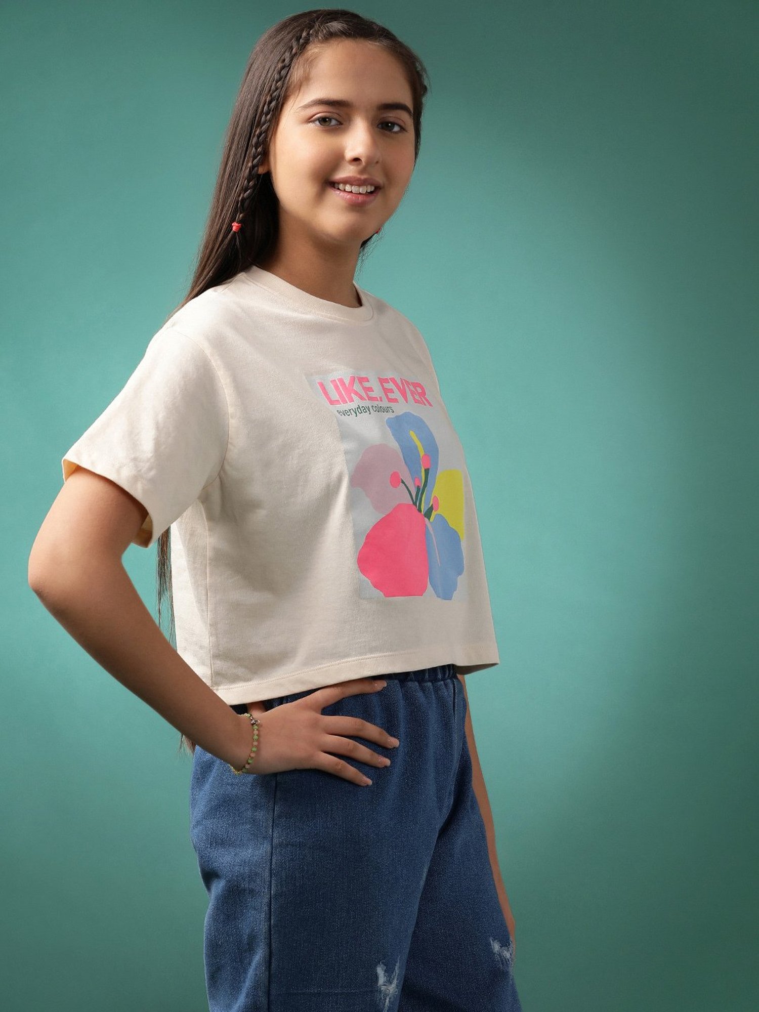 Lil Tomatoes Kids Cream Printed Crop Top