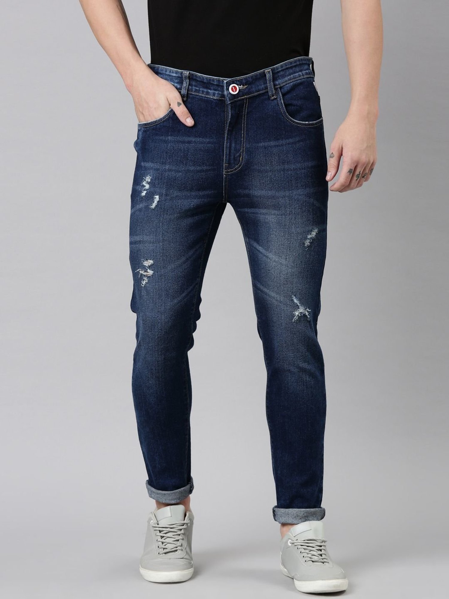 CINOCCI Blue Cotton Slim Fit Distressed Jeans