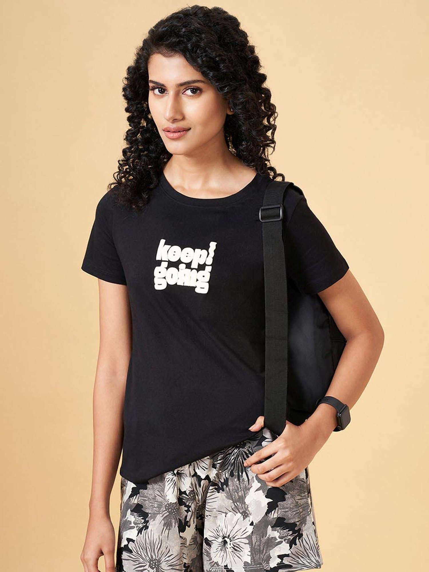 Ajile by Pantaloons Jet Black Cotton Printed T-Shirt