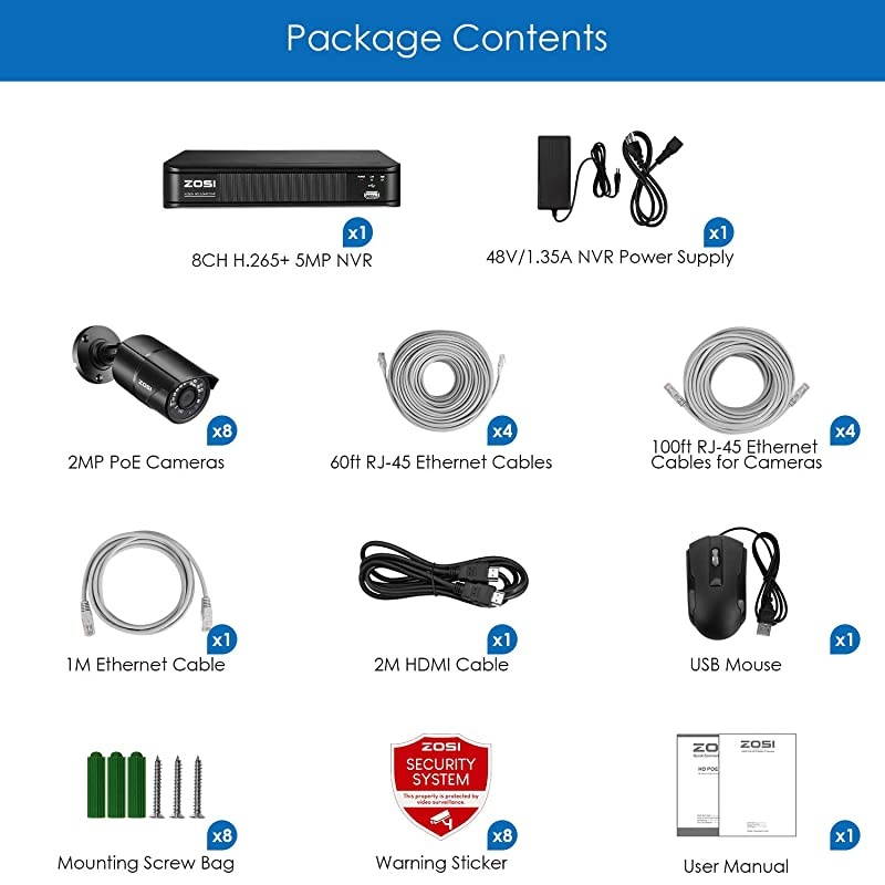 1080p H.265+ PoE Security Camera System, 8CH 5MP PoE NVR Recorder and 8 x 1080p Surveillance Bullet IP Cameras Outdoor Indoor with 120ft Long Night Vision (No Hard Drive Included), Remote Access