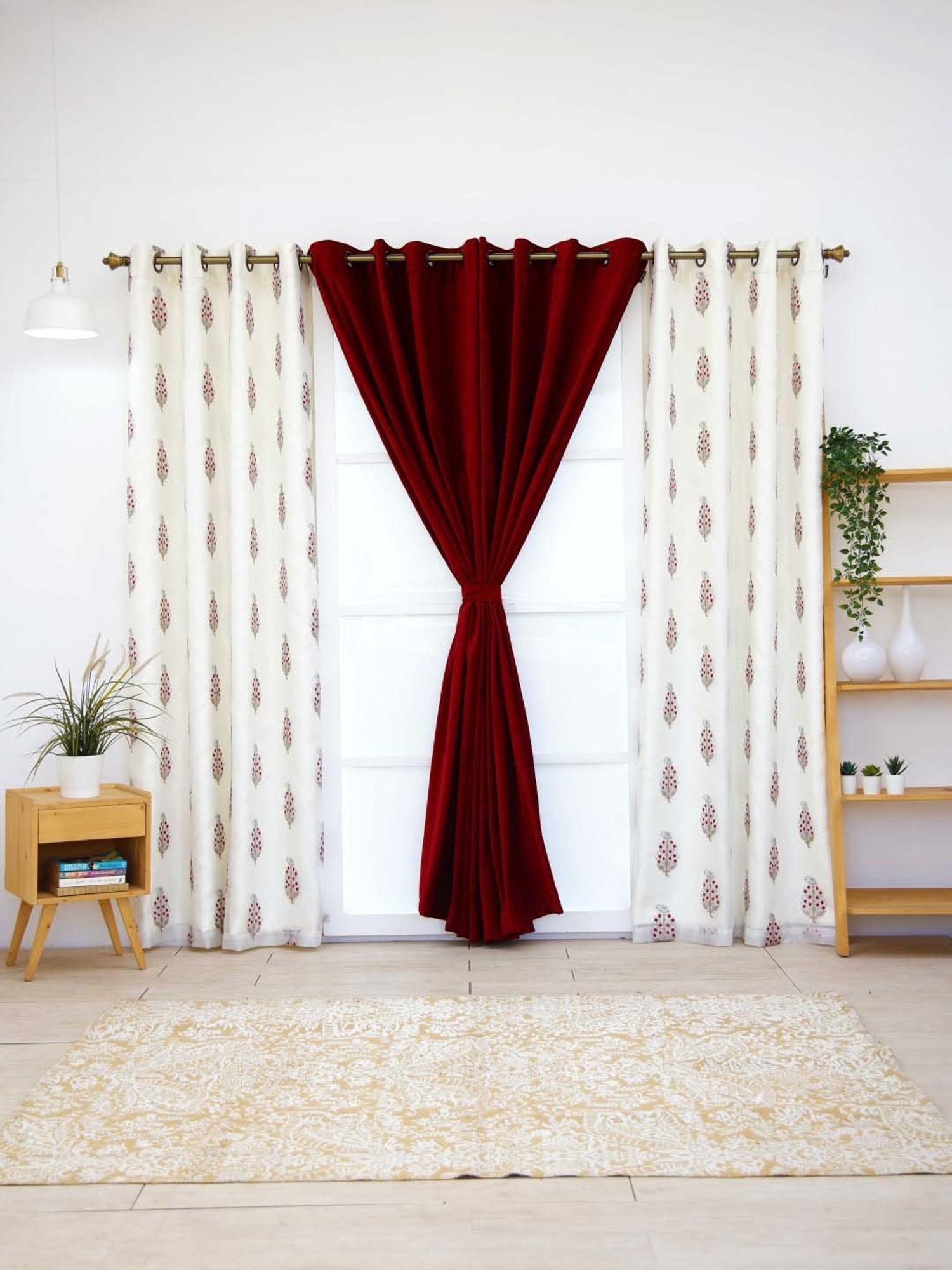 Ariana Siroi with Quince Combo Red & Off-White Polyester 5 Ft. Window Curtain - Set of 4