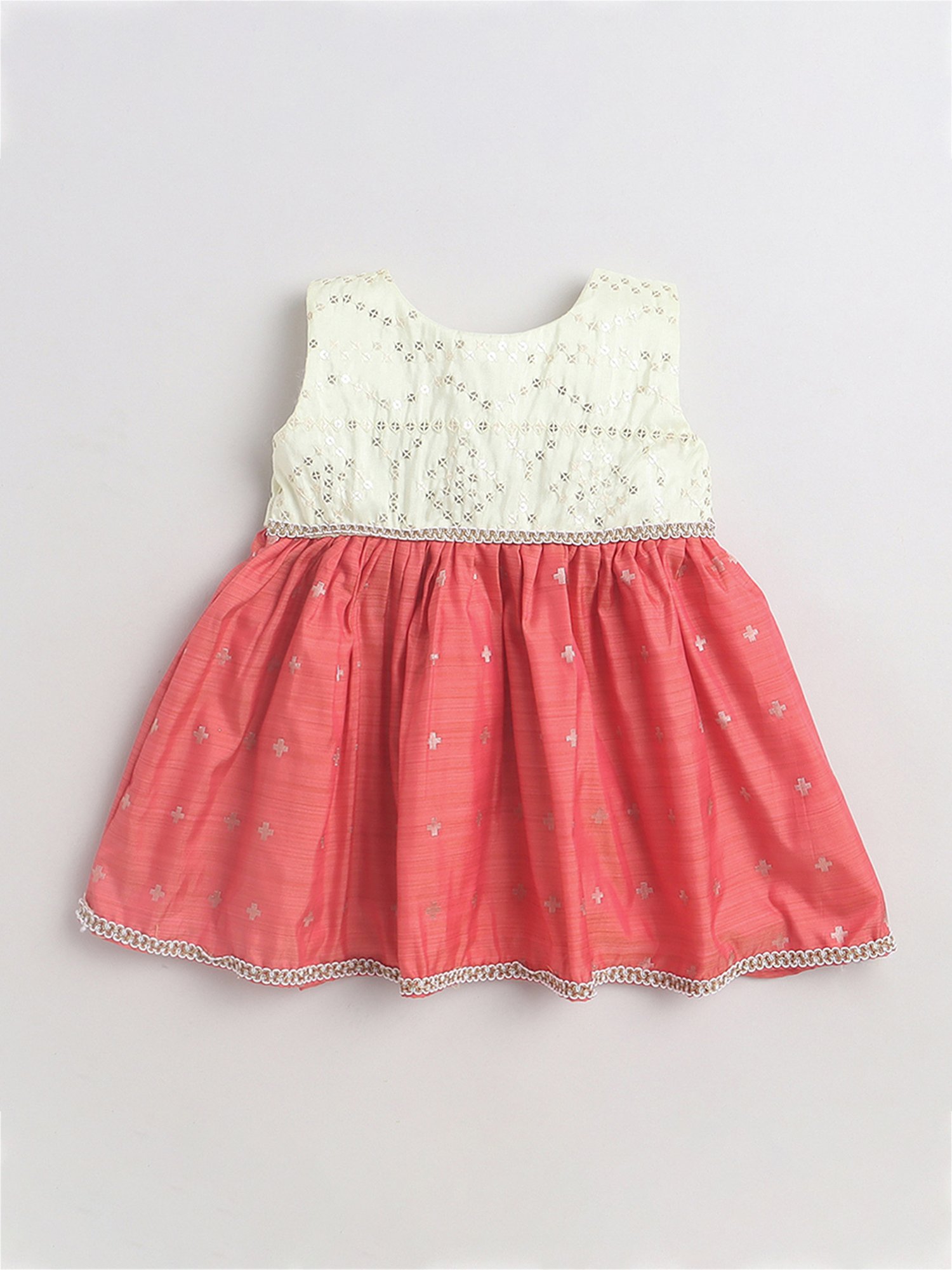 Many Frocks Kids Cream & Peach Embellished Dress