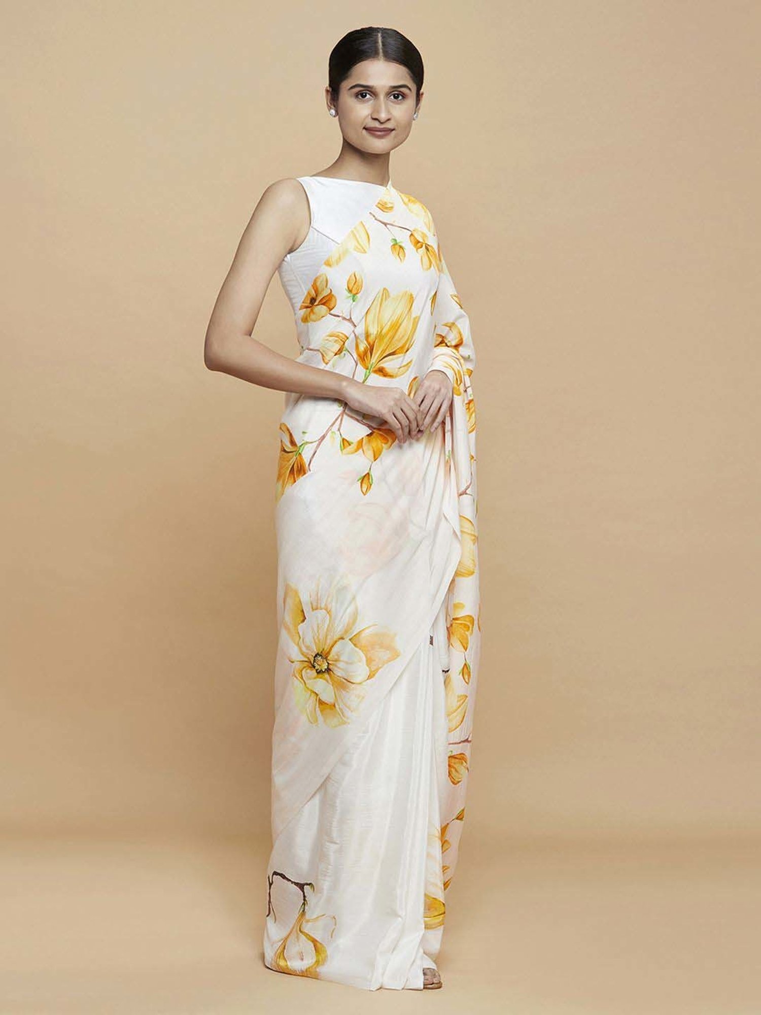 navyasa by liva White & Yellow Floral Print Saree With Unstitched Blouse