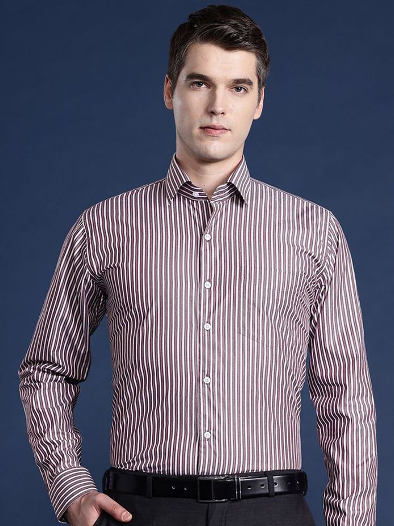 Hancock Red Cotton Slim Fit Stripes Shirts