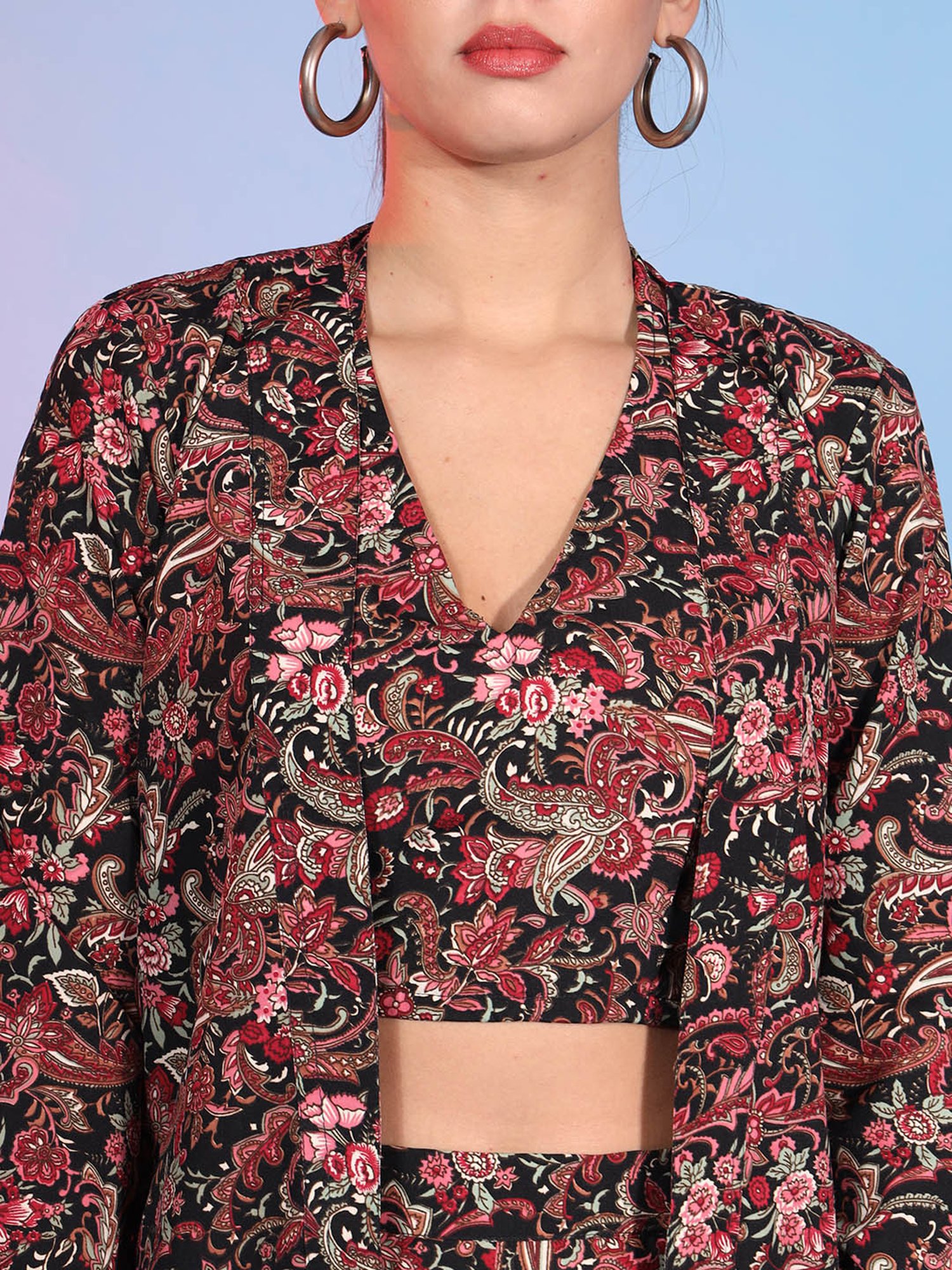 Odette Black Floral Print Crop Top Shorts Set With Jacket