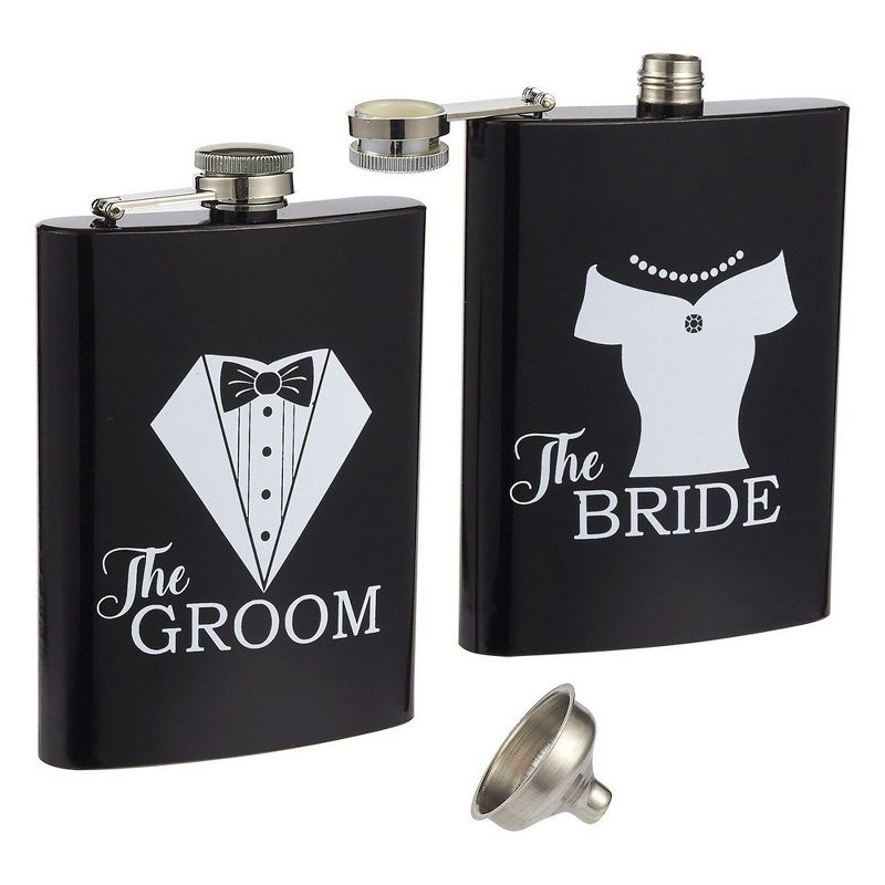 Flasks Feature The Groom & The Bride, 2-Pack 8oz Stainless Steel Hip Flask with Funnel, Ideal Wedding Gifts for Newlyweds, Black & White