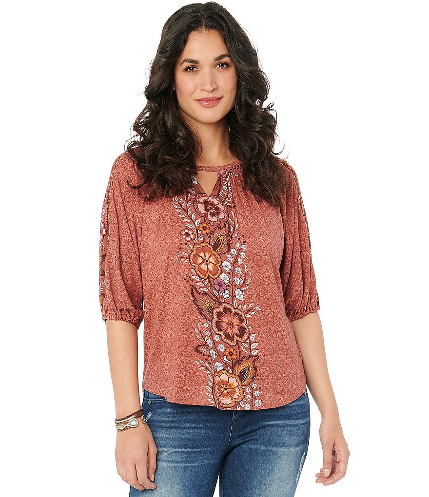 Democracy Floral Border Geo Print Cut Out Keyhole Neck Elbow Sleeve Knit Top