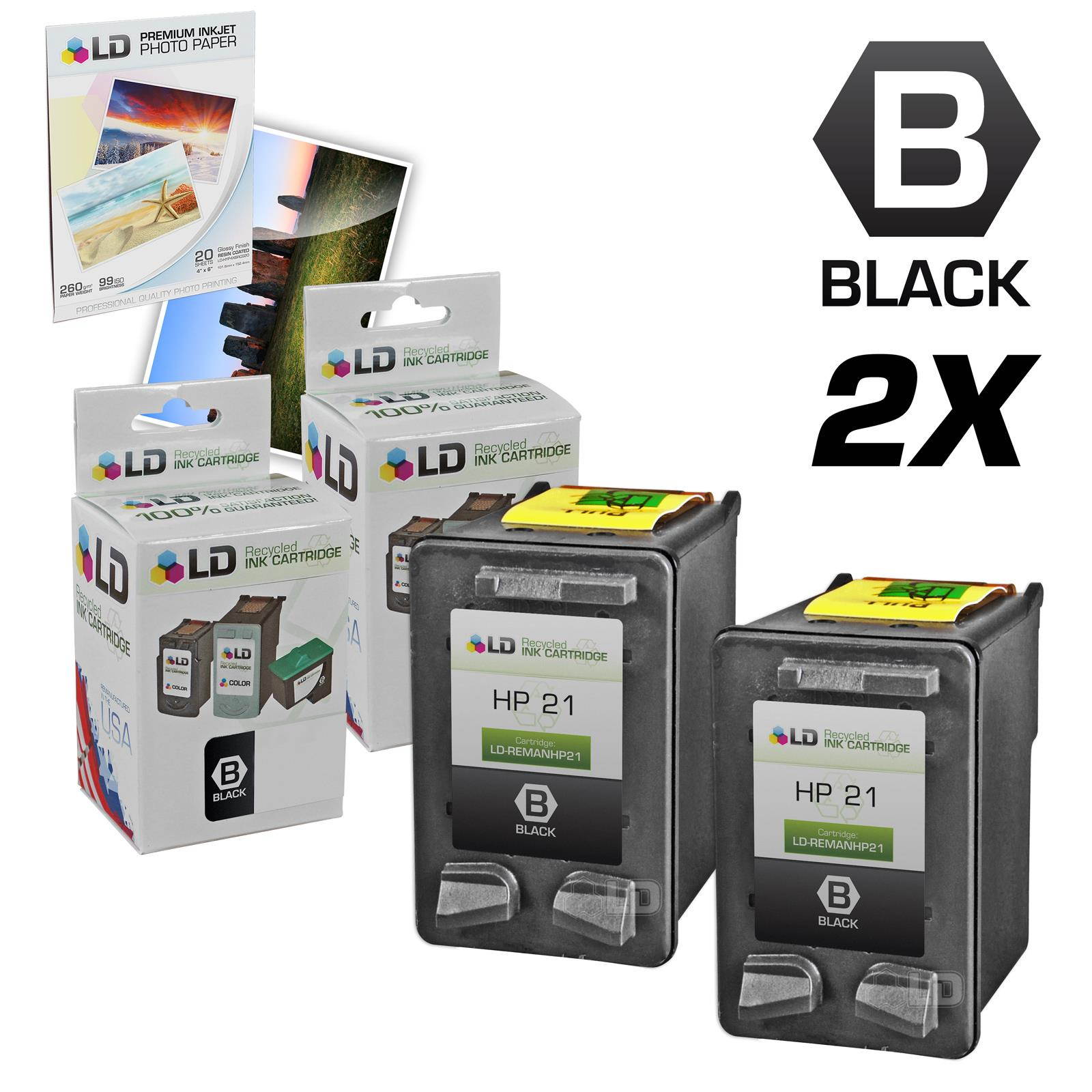 LD &copy; Remanufactured Replacement Ink Cartridges for Hewlett Packard C9351AN (HP 21) Black (2 Pack) + Free 20 Pack of Brand 4x6 Photo Paper