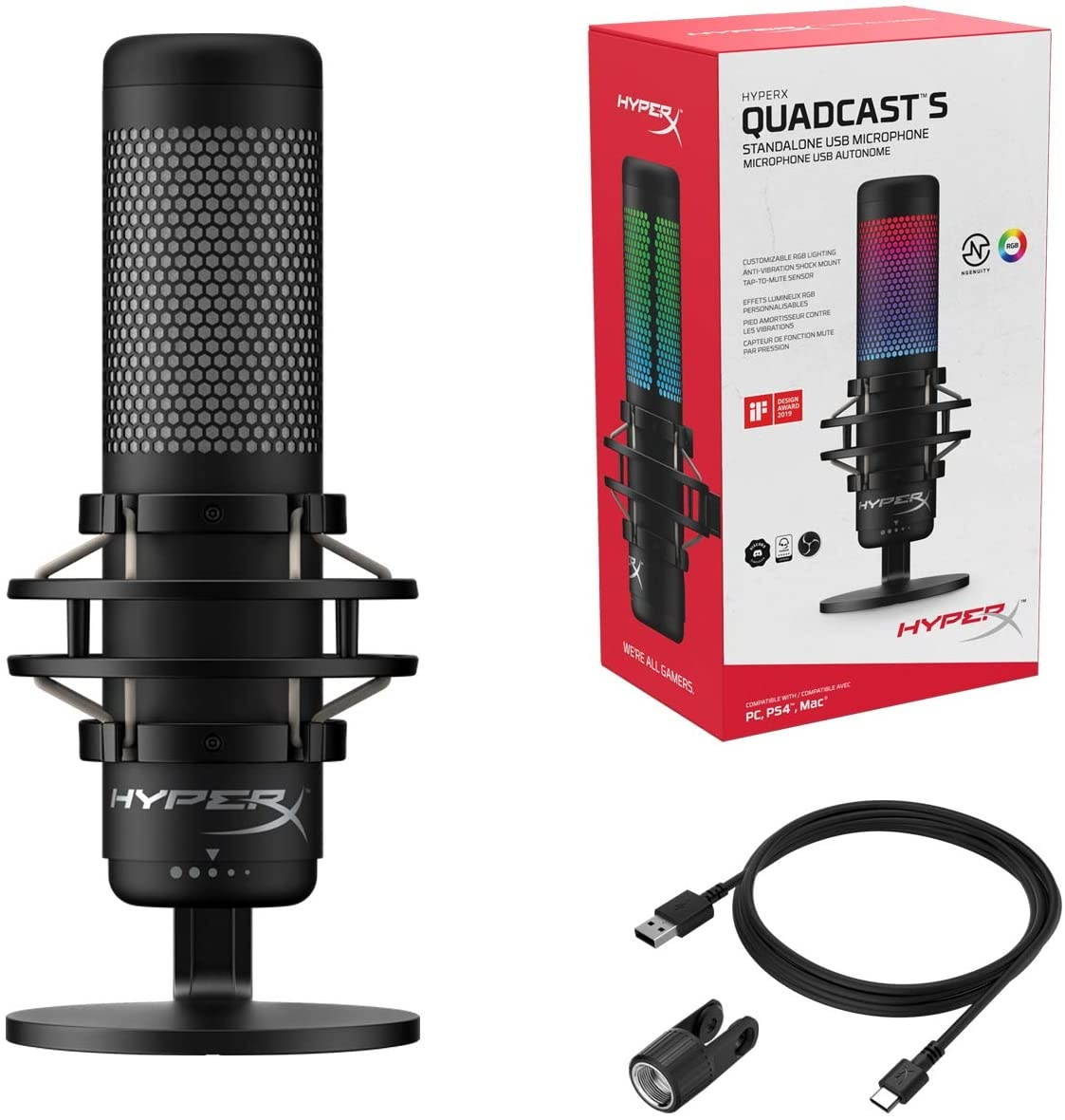 HyperX QuadCast S - RGB USB Condenser Microphone for PC, PS4, Mac, Gaming, Streaming, Podcasts, Twitch, YouTube with GalliumPi Bundle