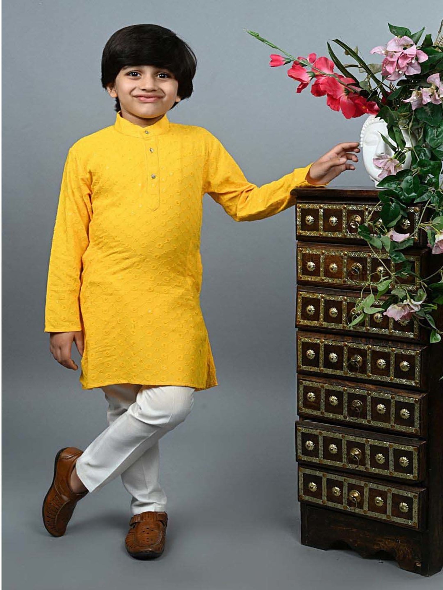 Ahhaaaa Kids Yellow & White Cotton Embroidered Full Sleeves Kurta Set