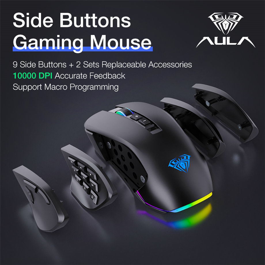 AULA RGB Gaming Mouse with Side Buttons Macro Programming 10000 DPI Adjustable 14 Key Wired USB Backlit Mouse for Desktop Laptop - H510 White