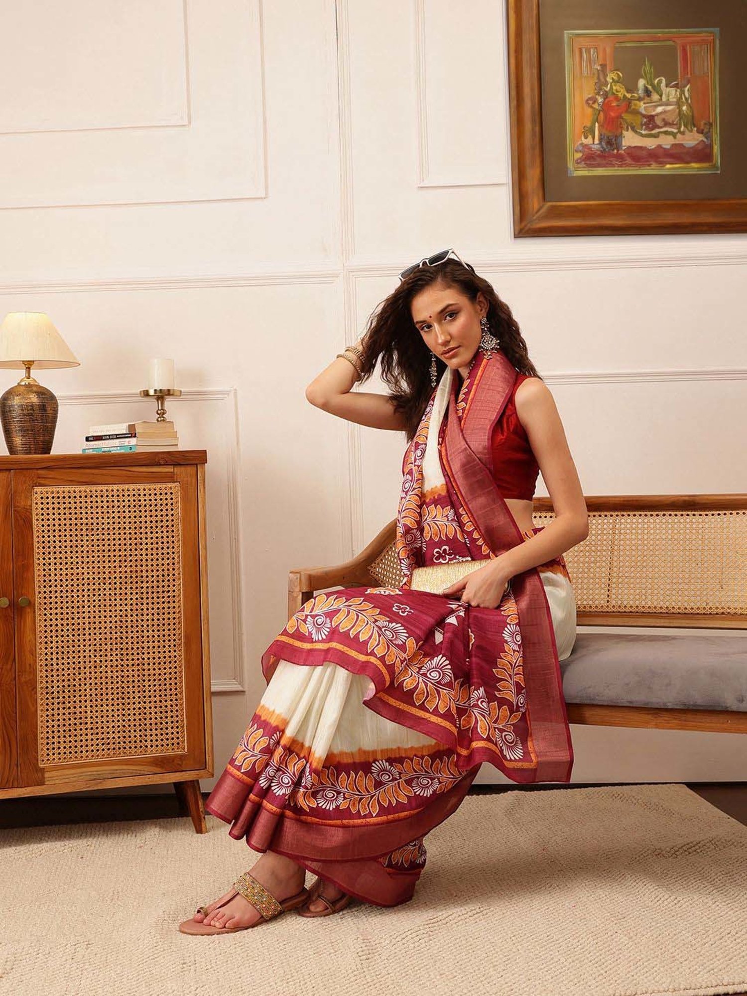 Silk Land White Silk Printed Saree With Unstitched Blouse