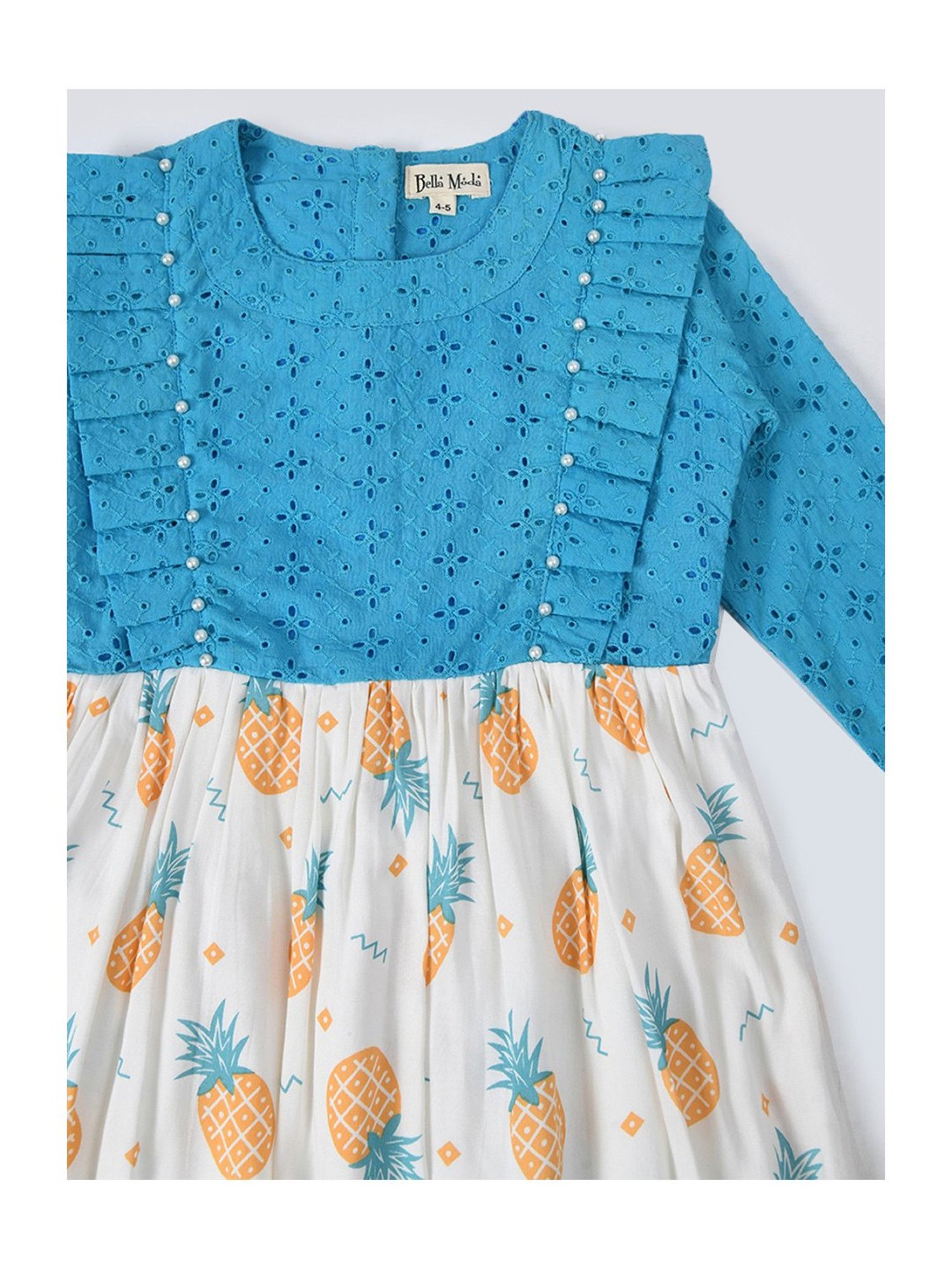 Bella Moda Kids Blue & White Self Design Full Sleeves Fit & Flare Dress