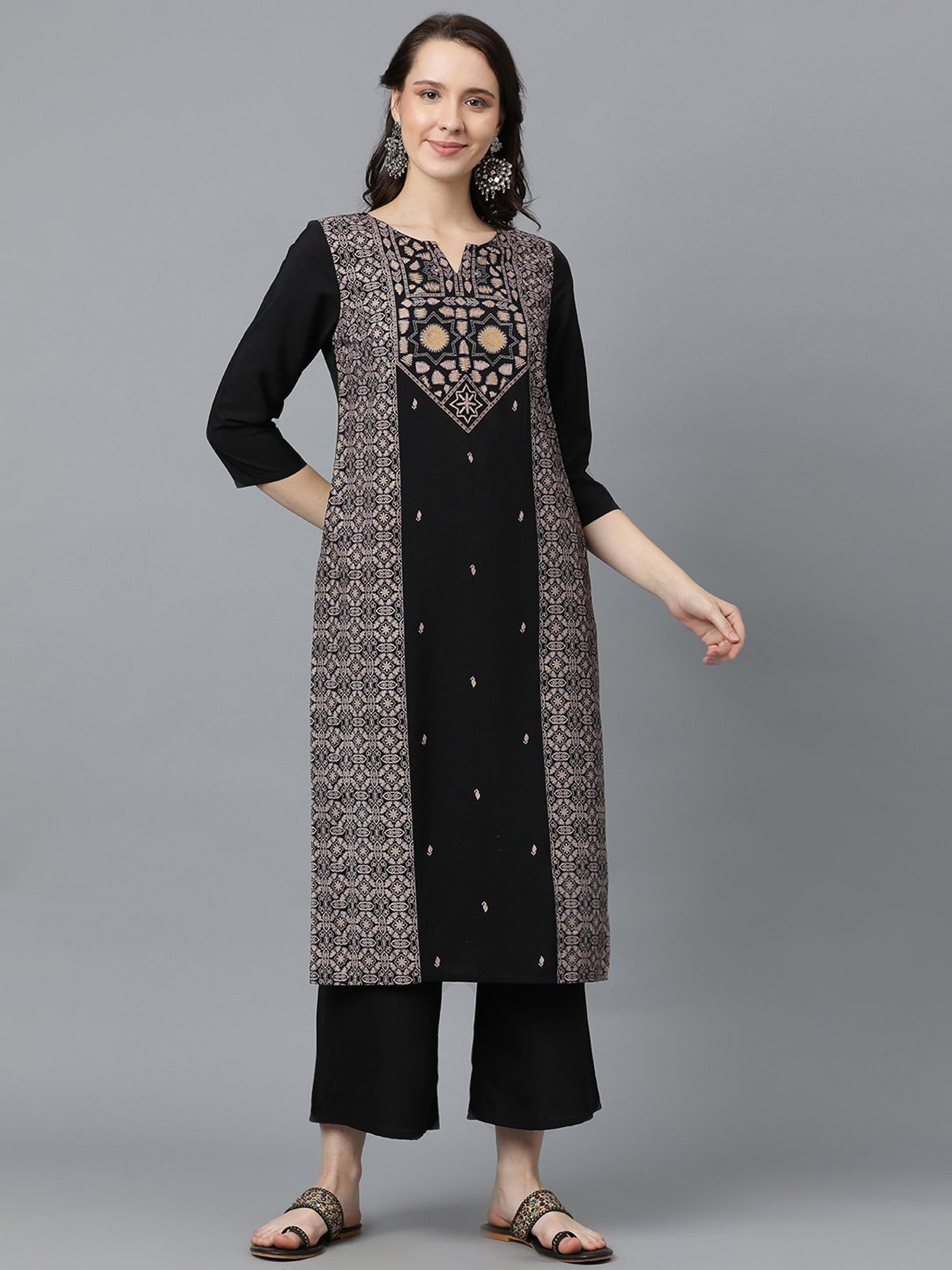 Ziyaa Black Geometric Print Kurta & Palazzo Set