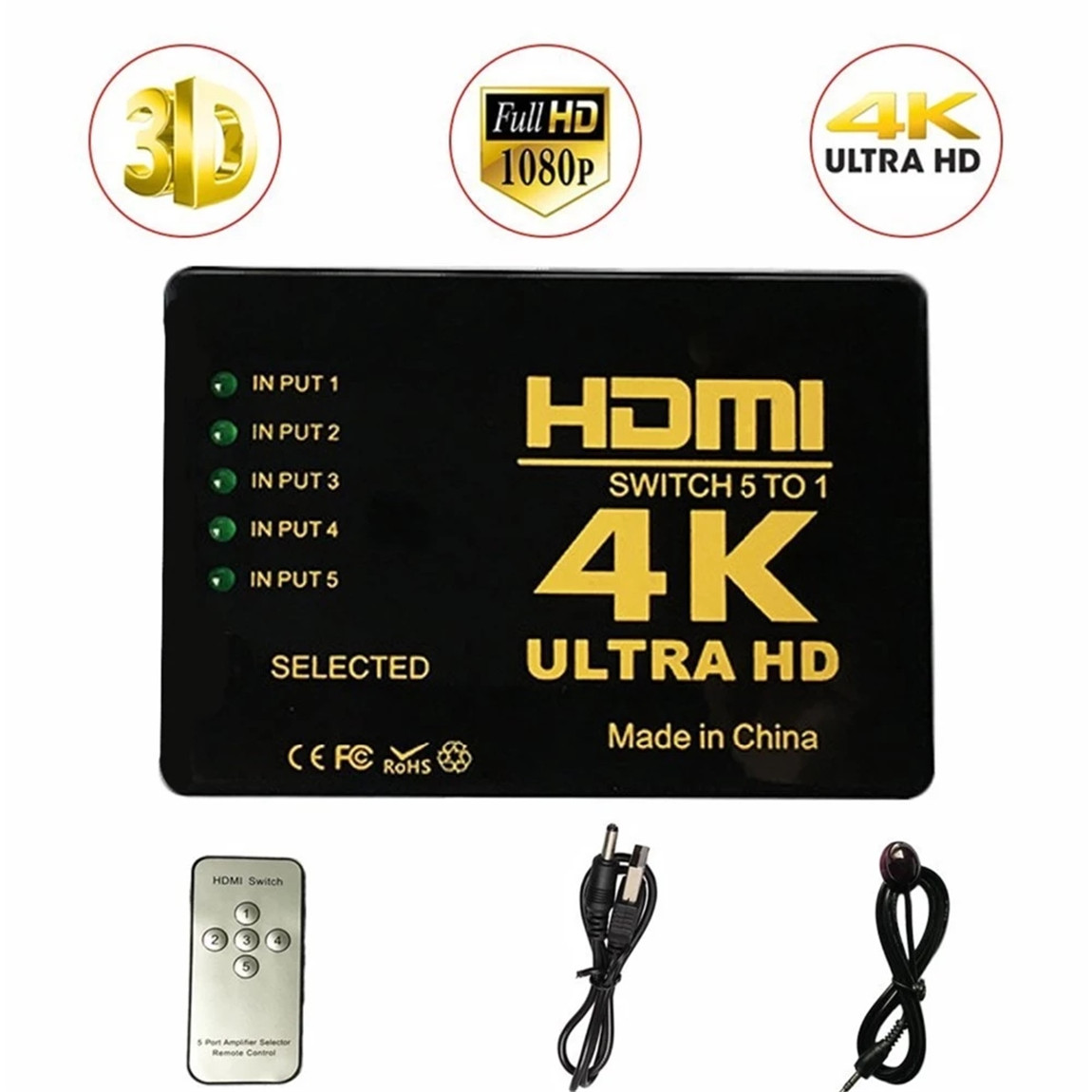 HDMI Switch 4K, HDMI Switcher 5 in 1 Out HDMI Splitter, or 5 x 1, USB External Power Supported, Supports 4K 3D HD 1080P for Xbox PS4 Roku Blu-Ray Player HDTV (HDMI Switch)