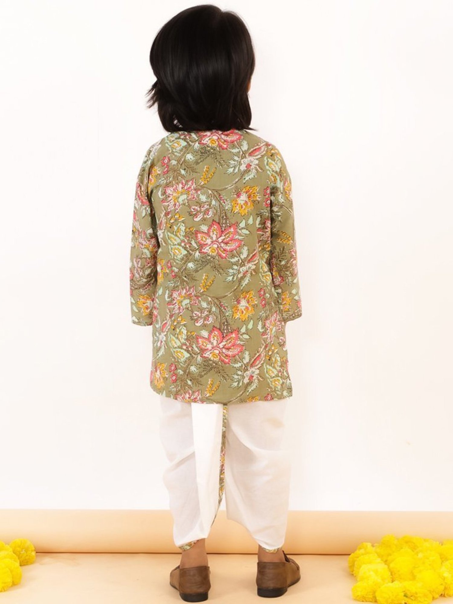 The Mom Store Boys Multicolor Floral Print Full Sleeves Kurta With Dhoti