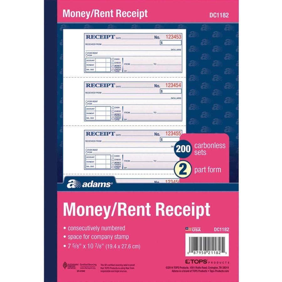 Adams Money/Rent Receipt Book Carbonless 2-Part 7-5/8"x11" WE DC1182