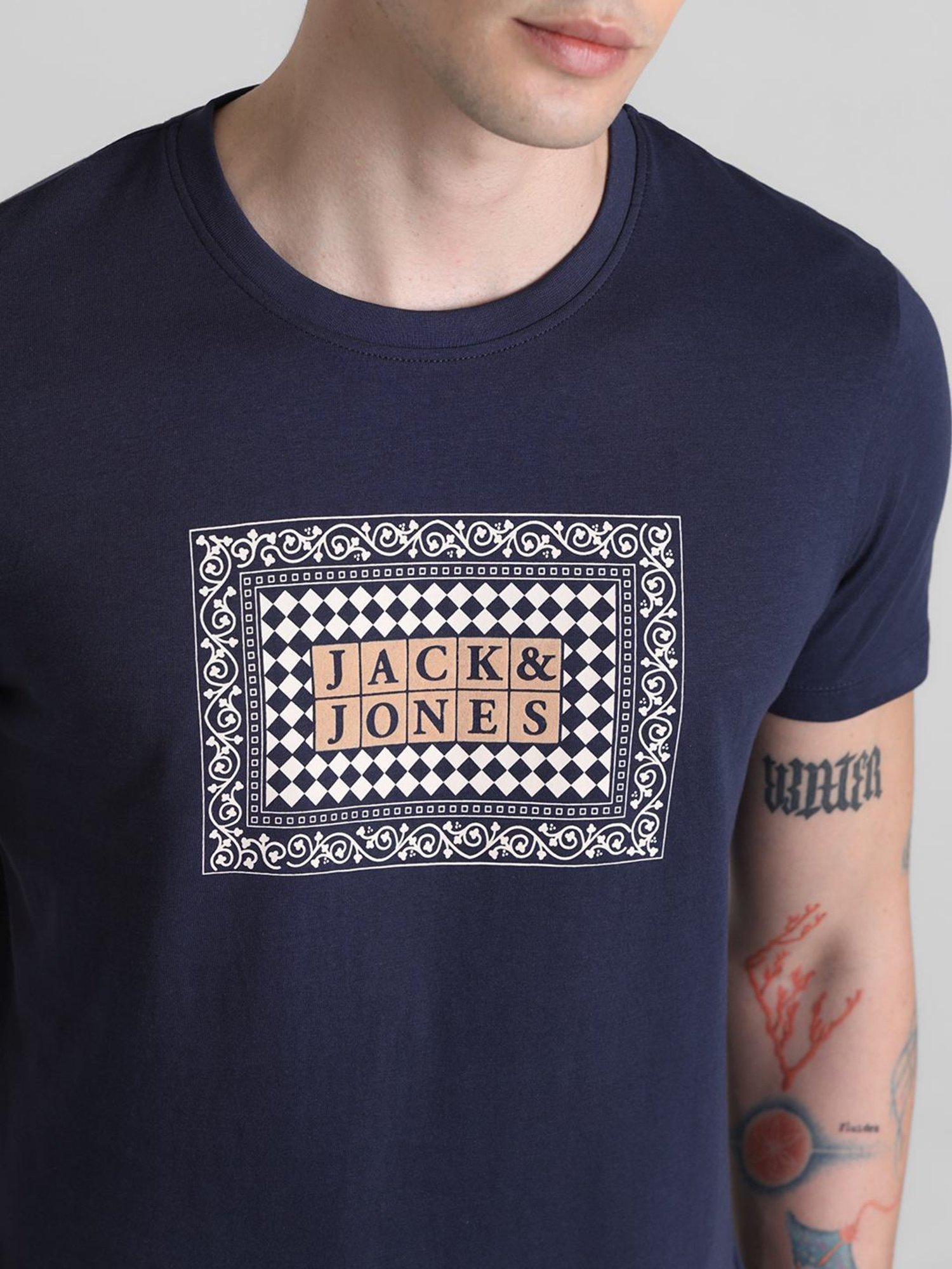 Jack & Jones Navy Blue Cotton Slim Fit Printed T-Shirt