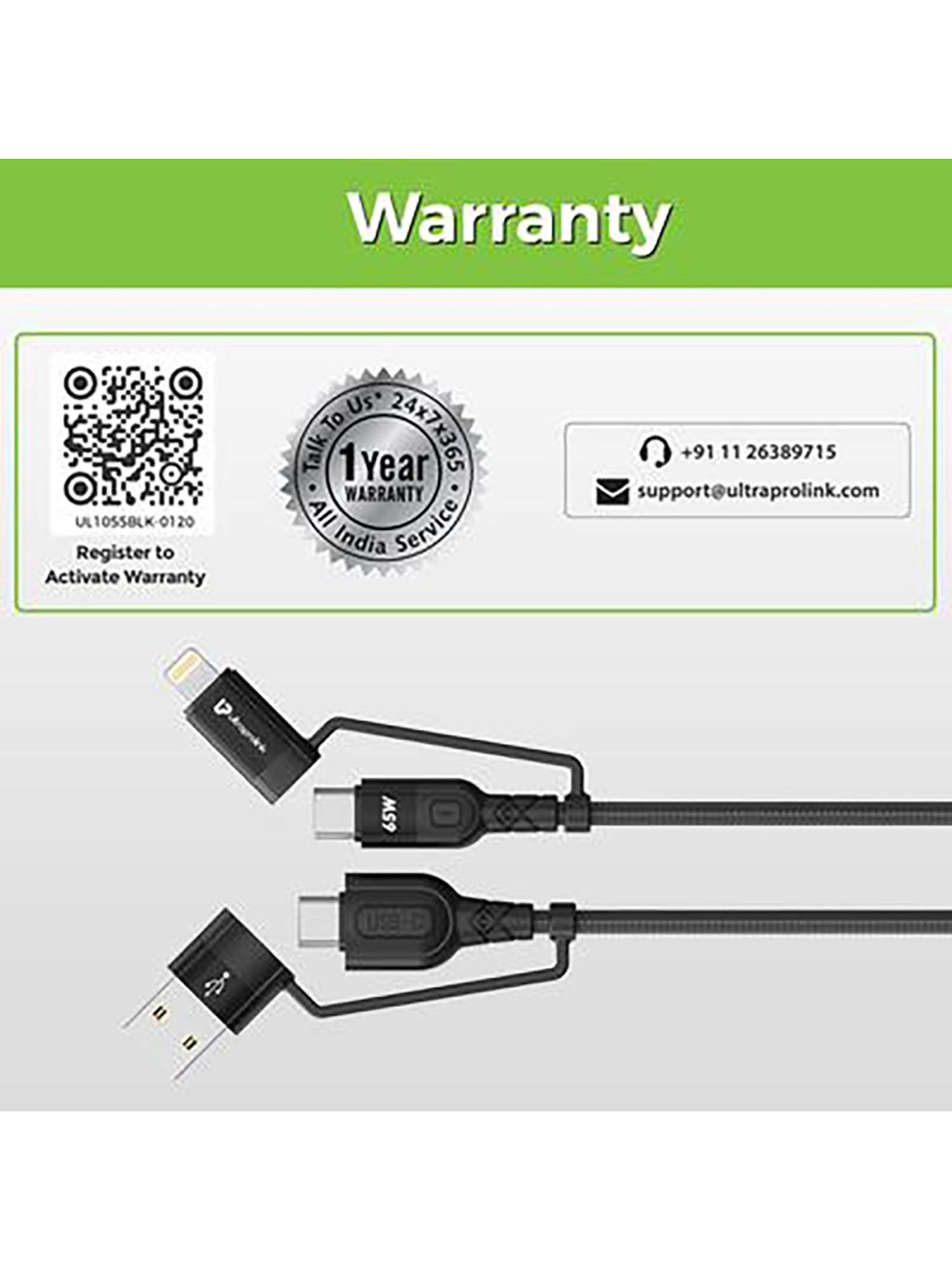 ULTRAPROLINK Quadlink UL1055 4 in 1 65W PD 1.2M Charging Cable (Black)