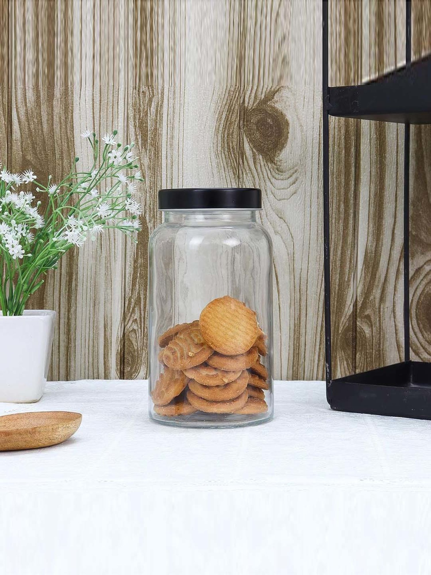 Femora Transparent Glass Storage Jar With Black Lid (1.5 L) - Set of 2