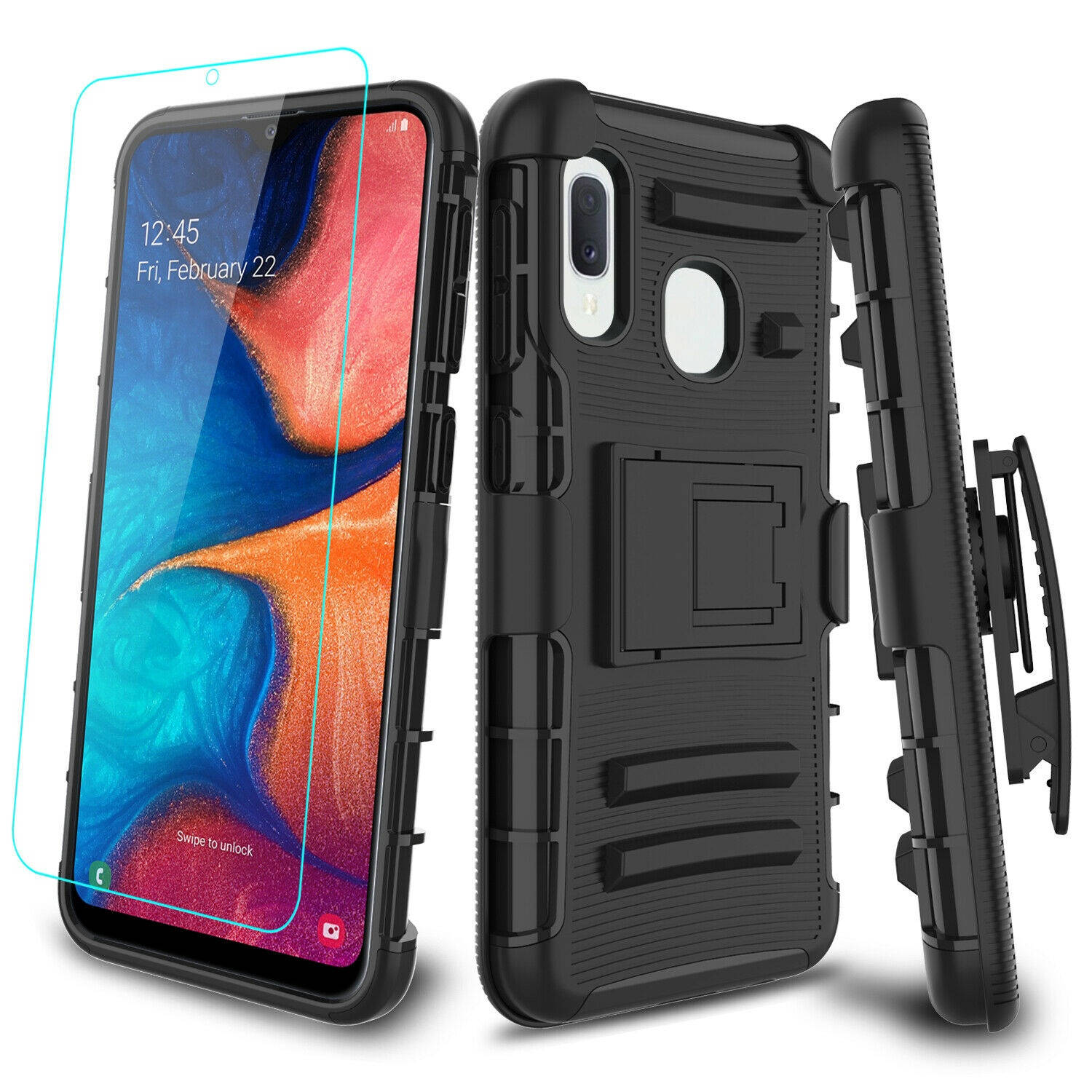For  Galaxy A10e A20 Case Kickstand Belt Clip ,Tempered Screen Protector